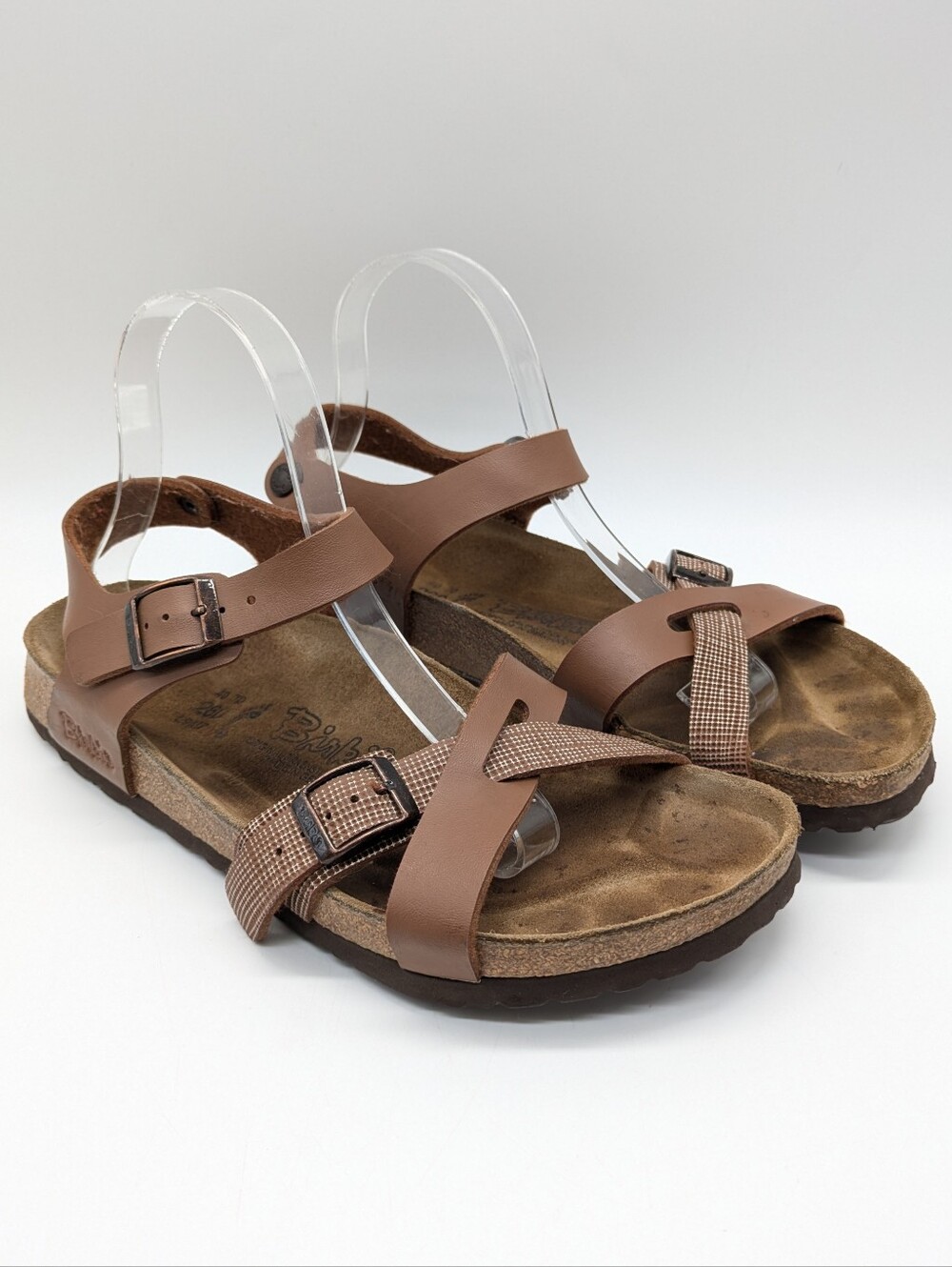 Birkenstock Birkis Lillie Brown White Plaid Strappy Leather Sandal 9